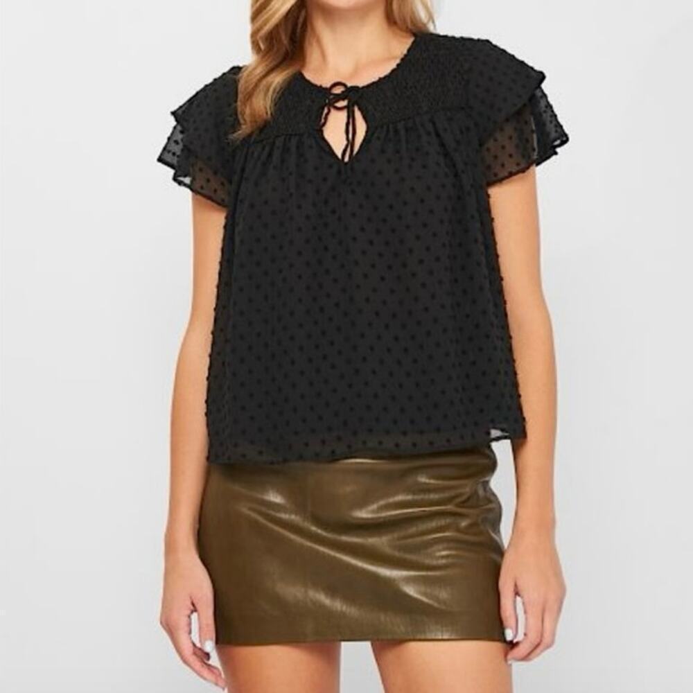 ZARA Black Plumeti Sheer Ruffle Flutter Sleeve Smocked Blouse Top EUC Size S - Picture 3 of 6